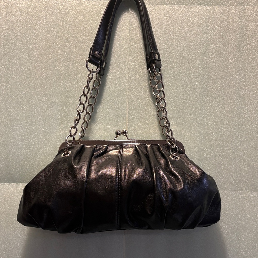 Y2K Kisslock Chain Shoulder Bag Black Moto Glam Clutch Silver Hardware Candie’s